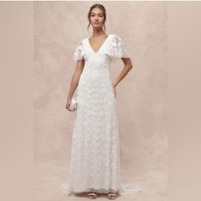Lulus Safiya NWT size Large White Sequin Flutter Sleeve Maxi Dress Wedding Gown