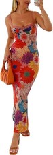 Women Floral Bodycon Maxi Dress Spaghetti Strap Lace Trim Zipper Long Summer