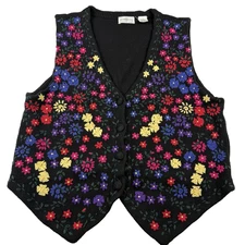 Vintage 90s Black Cottagecore Floral Embroidered Knit Grandma Sweater Vest Small