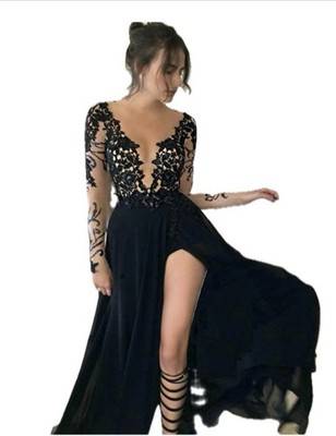 Ballkleid A-Linie Illusionsausschnitt, langärmliges, bodenlanges Chiffonkleid 