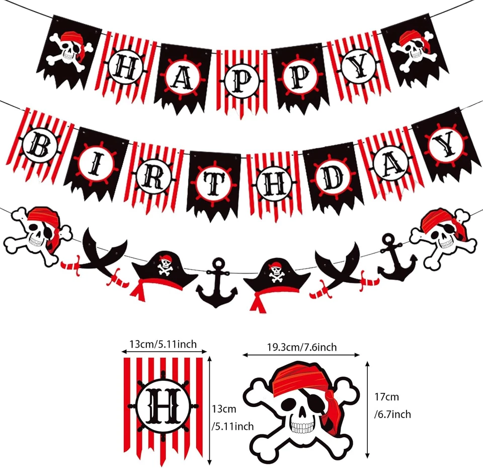 Letrero de guirnalda de feliz cumpleaños pirata rojo negro blanco para niños niñas Foto 2 de 4