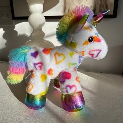 13'' Rainbow Unicorn Plush Metallic Hooves Horn Sparkle Eyes Hearts Cute Toy Gift