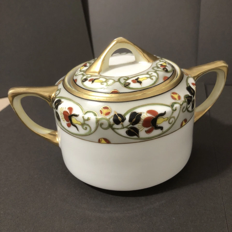 Antiguo juego de azúcar y crema nipón pintado a mano floral dorado - LEER- Foto 2 de 4