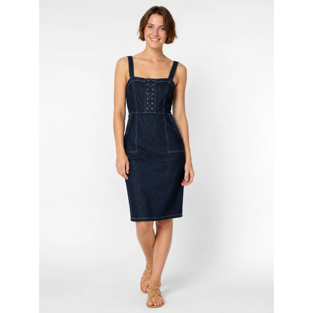 women's overall dress knee length Women's Corduroy Overall Dress Adjustable Straps Sleeveless Square Neck Midi Dresses with Pockets