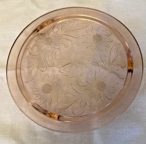 Jeanette Sunflower Pink Depression Glass Cake Plate 3 Footed 10" PLATTER ETCHED
