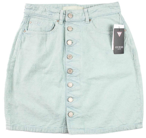 Guess Womens Midi Skirt Size 27 Textured Stretch Denim Button Front Aqua $108NEW