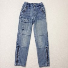 Vintage High Waist Denim Cargo Pants Zip Ankle Pockets Light Wash Jr 5 80s 90s