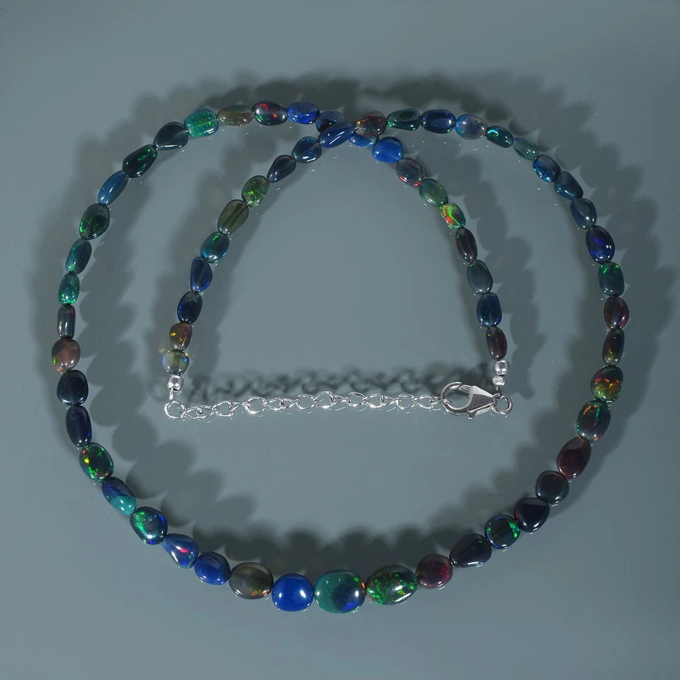 Colar artesanal prata 925 corrente contas opala preta fogo natural Welo - Imagem 2 de 4