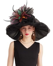 Women Derby Church Hat Organza Flower Wedding Tea Party Fascinator Wide Brim ...