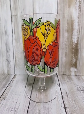 VTG Cera Red Yellow & Orange Tulip Flower Patterned Footed Cocktail Glass MCM