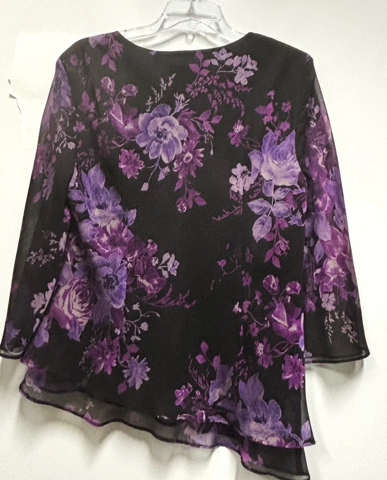 Donna Ricco 黑色紫色 14 上衣不对称下摆半透明分层 — 第 2/2 张图片