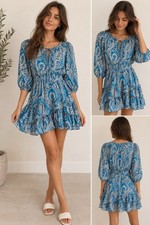 Zara Blue Paisley Ruffle Mini Dress 3/4 Sleeve Boho Size M
