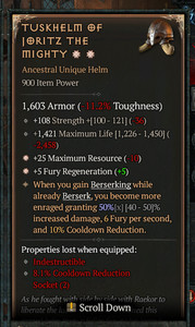 ☀️☀️DIABLO 4°SEASONAL 14°TUSKHELM UNIQUE CHELM-2GA-MAX RESOURCE+FURY REGEN