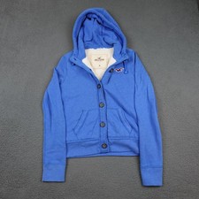 Hollister Hoodie Sweatshirt Womens Medium Blue Sherpa Lined Button Front Logo