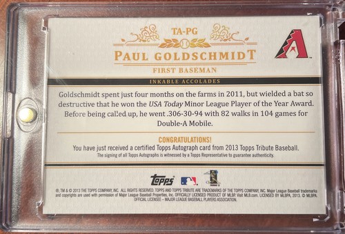 2013 Topps Tribute Paul Goldschmidt TA-PG Auto 36/50 Blue Refractor - Picture 2 of 2