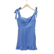 NWT Reformation Desiree Linen Mini Dress Blue Dusk Ruffle Trim Tie Strap Size 10
