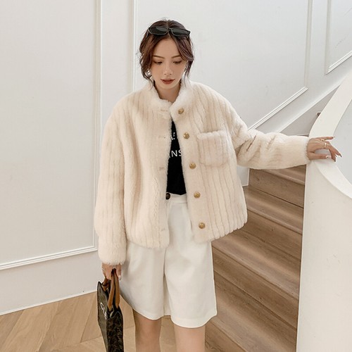 2022 Women's Winter Solid Stand Collar Single Breasted Striped Cropped Jacket - Picture 5 of 16