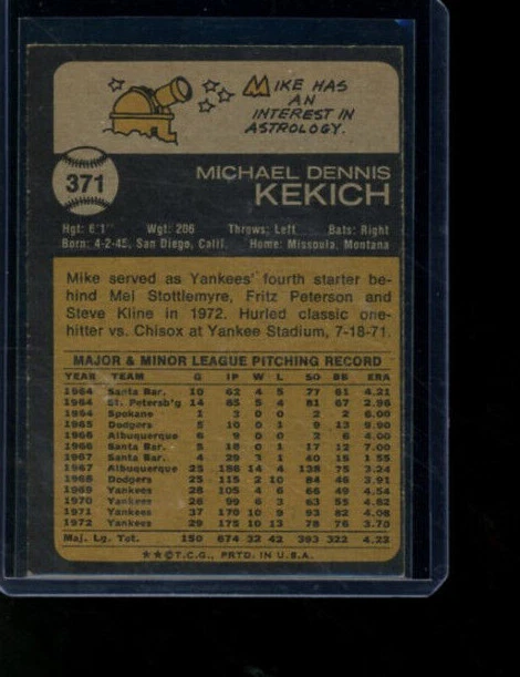 1973 Topps #371 Mike Kekich New York Yankees - Image 2 of 2