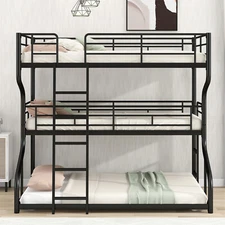 Full XL over Twin Queen Size Triple Bunk Bed with Long and Short Ladder Black US