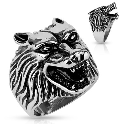 Bague Tête De Loup Style Biker - Acier Inoxydable 316L - Argent Et Noir - Taille Au Choix