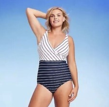 Women's Striped V-Neck Full Coverage One Piece Swimsuit - Kona Sol sz L NWT
