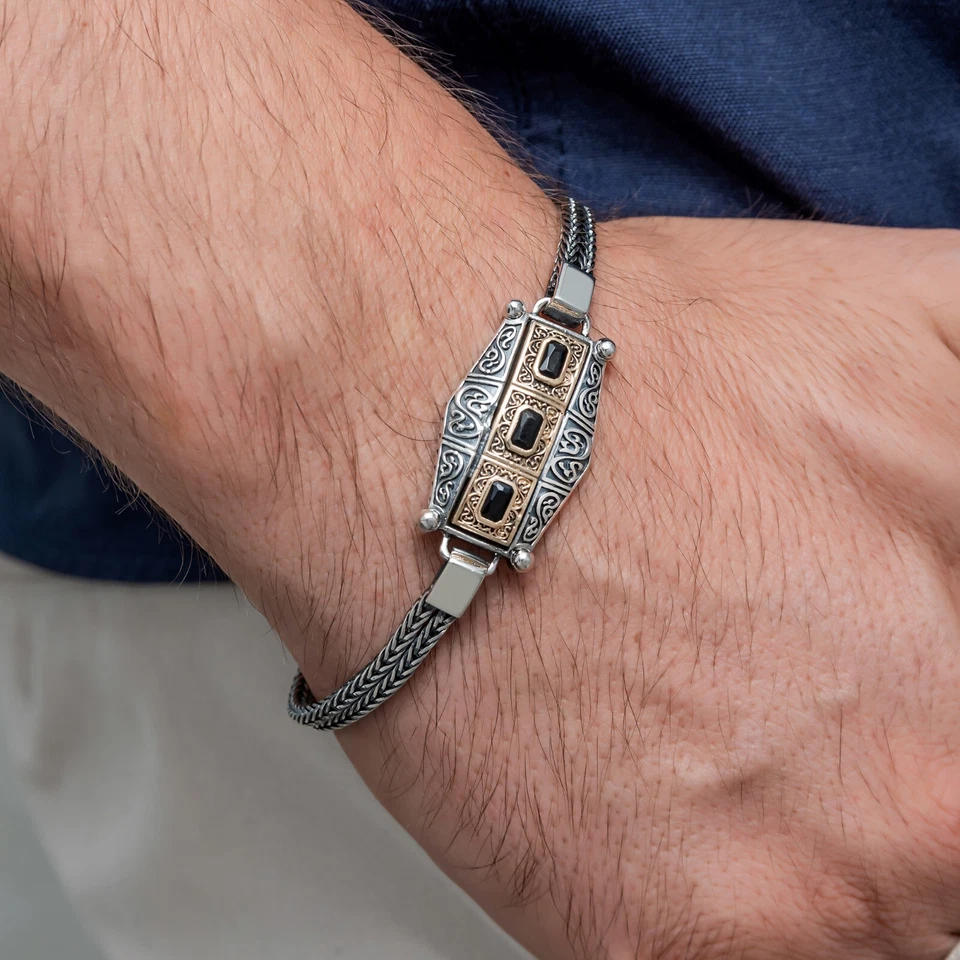 Sterling Silver Men's Bracelet Black Onyx Gemstone Turkish Jewelry - Imagem 3 de 4