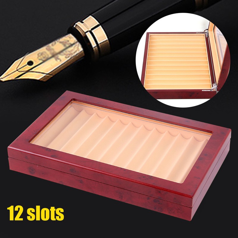 12 Slots Wood Fountain Pen Display Case Holder Storage Collector Box Organizer