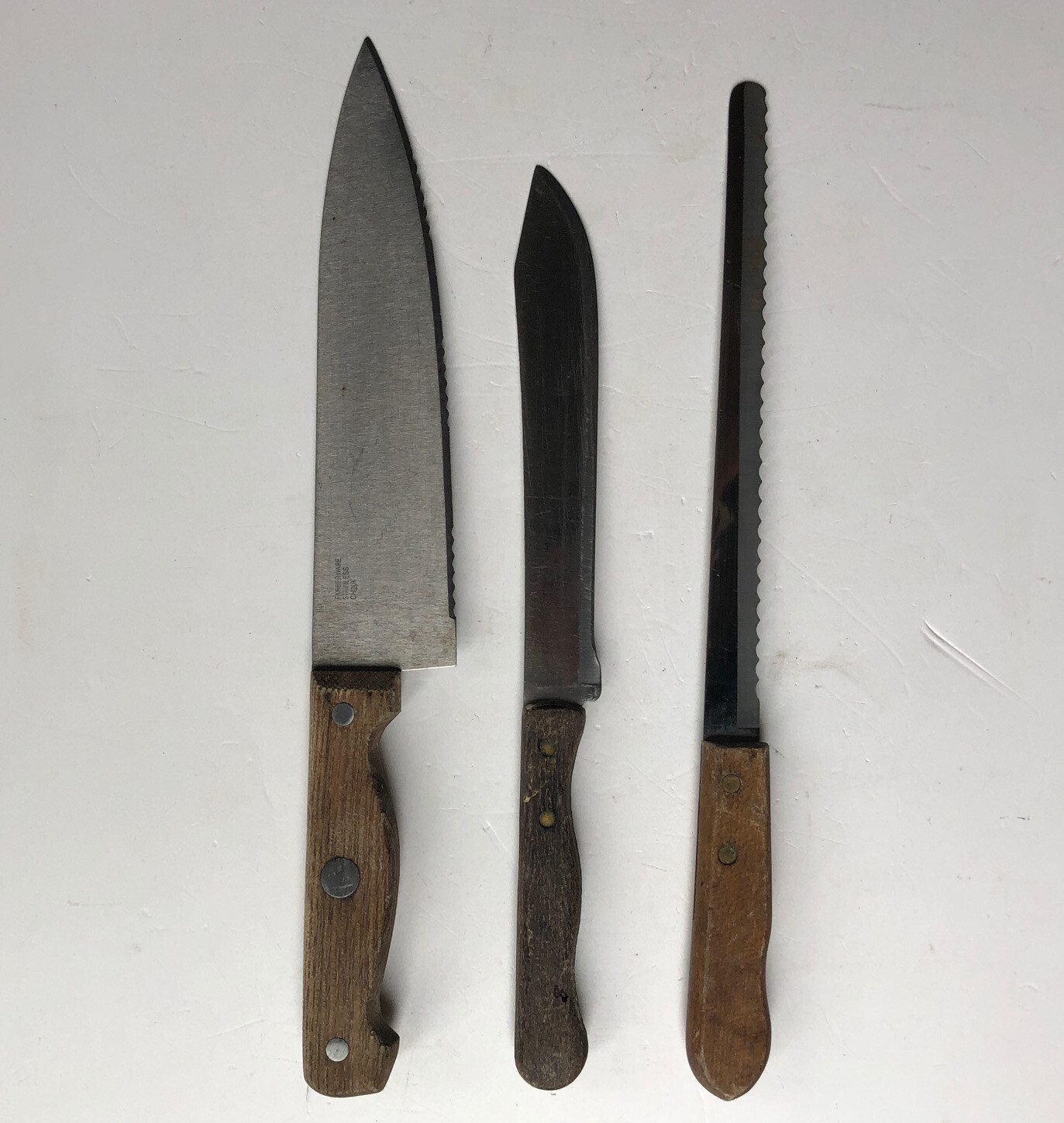 3 Wooden Handled Chefs Knives EKCO ETERNA, FARBERWARE, & Bread Knife eBay