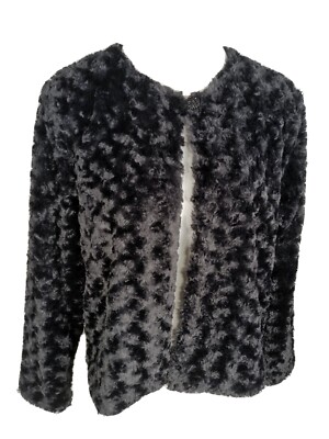 Cheryl Nash Wms Sz M Black Faux Fur One Button Jacket B31