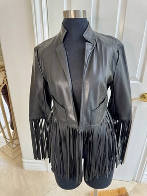 Bagatelle Jacket Womens Medium Black Faux Leather Fringe Open Front Western Boho