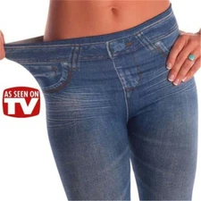 Women Blue Faux Denim Jeans High Waist Skinny Jeggings Leggings Pencil Pants