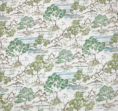 BALLARD DESIGNS GLENNA BEIGE GREEN ASIAN TREE TOILE MULTIUSE FABRIC BY YARD 54''W