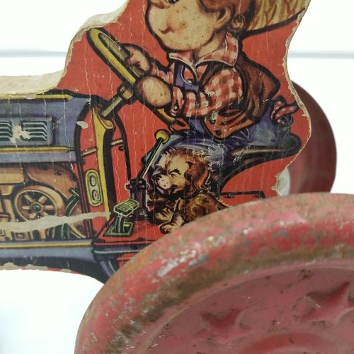 Giocattolo vintage Gong Bell Farm Boy con cane su trattore metallo e legno - Foto 11 di 18