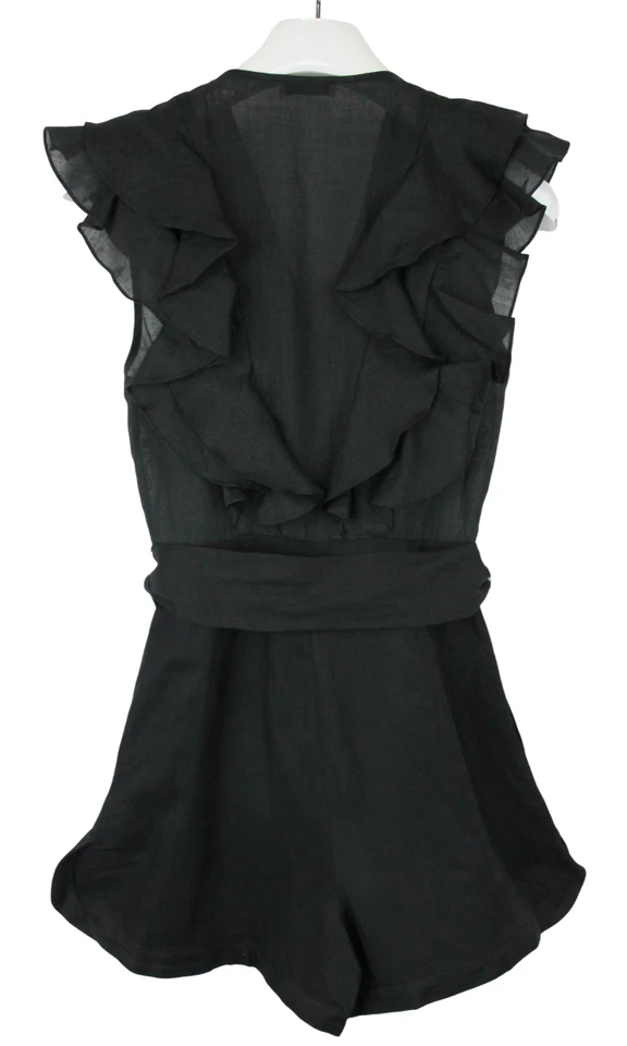 SANDRO Jumpsuit Damen (EU) 34 Ärmellos Rüsche Ramie Mit Gürtel Schwarz - Bild 2 von 4