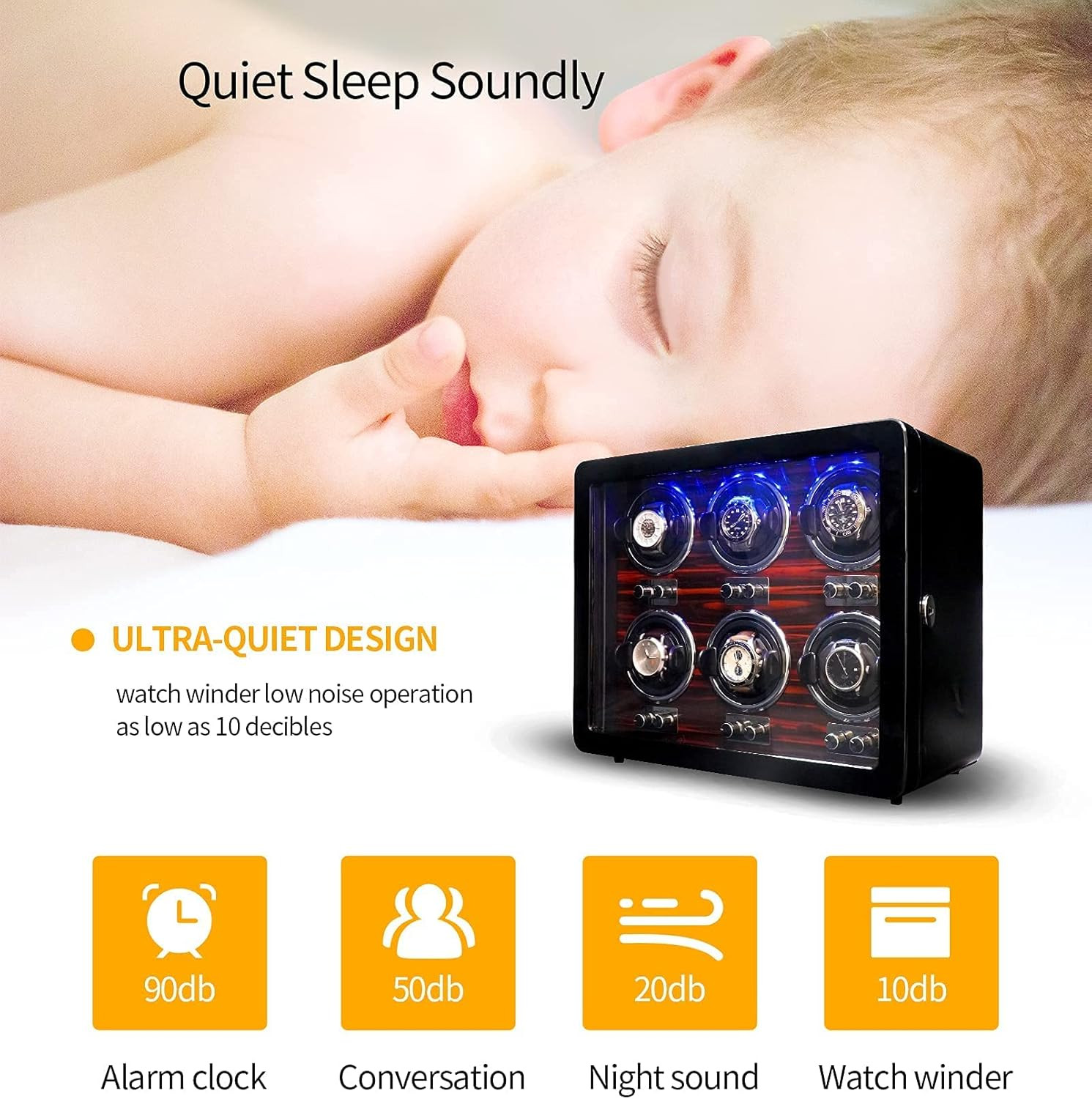 6 Watch Winders for Automatic Watches Wooden Rotating Watch Box 15 Rotation Mode