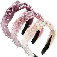 3 Pieces Pearls Headband Knotted Headband for Women Retro Velvet Pearls Hair ...