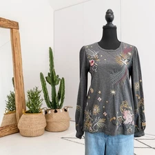 Johnny Was S Selah Cuffed Puff Sleeve Embroidered Celestial Floral Top Gray