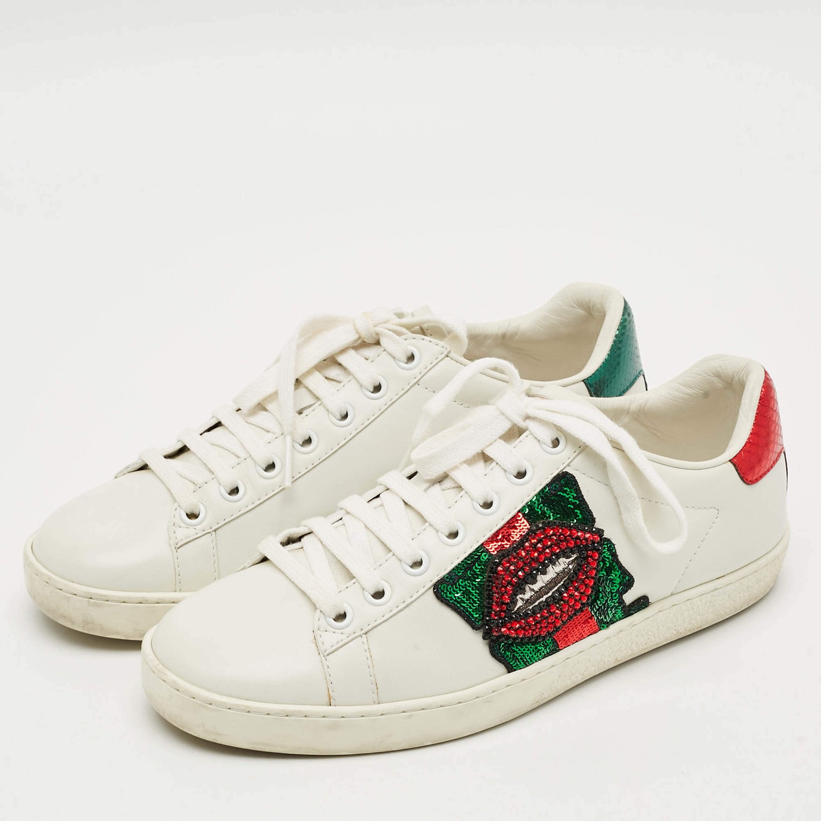 Gucci Ace Size 37 White Leather Python Embossed W… - image 2