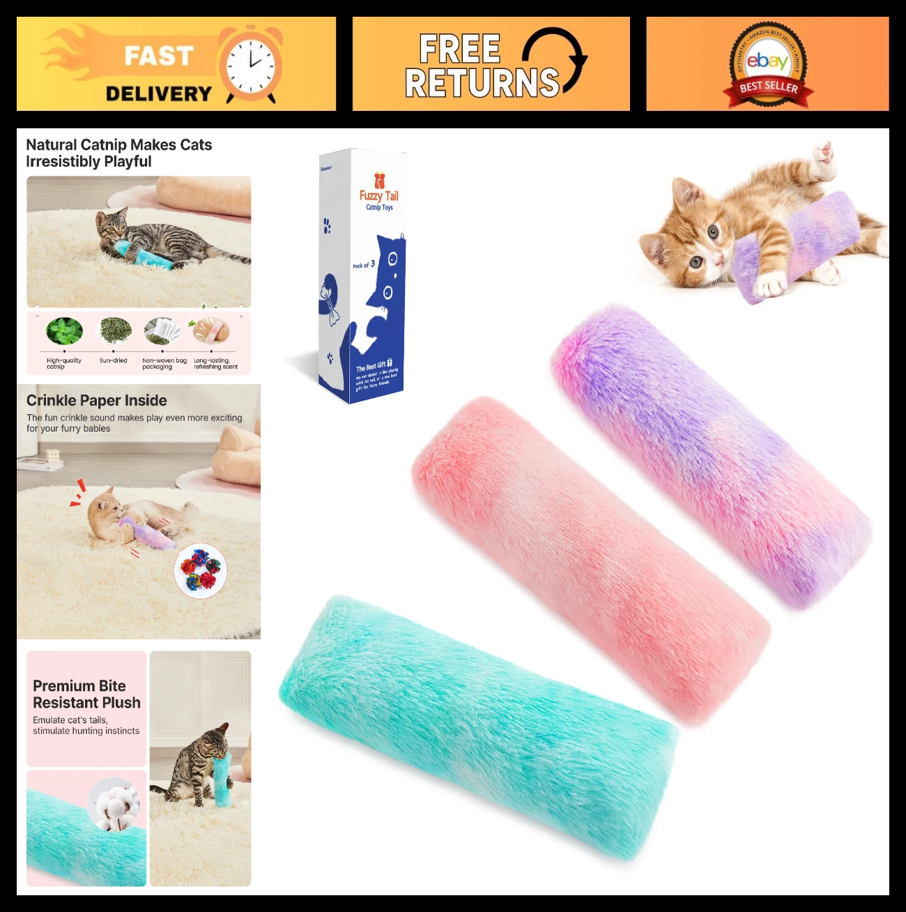 Soft Cat Toys Pillows - 3 Pcs Crinkle Sound Catnip Kickers for Indoor Play