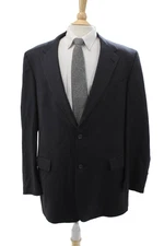 Hart Schaffner Marx Men Striped Dark Blue Suit Jacket Collared Button Size 42