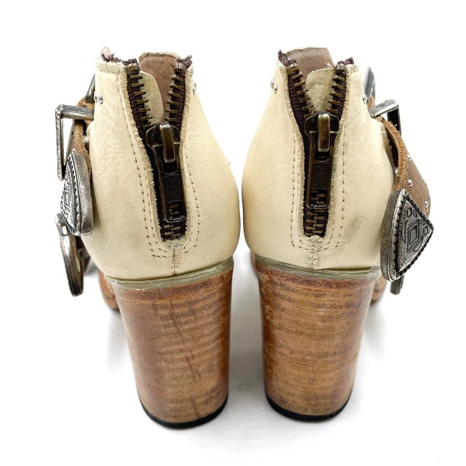 Freebird Violet Booties Western Buckle Heeled Sandals Beige Brown Studded Sz 7 - Image 4 of 4