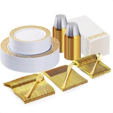 175 Pcs Gold Plastic Dinnerware Set for 25 Guests  25 Dinner Plates