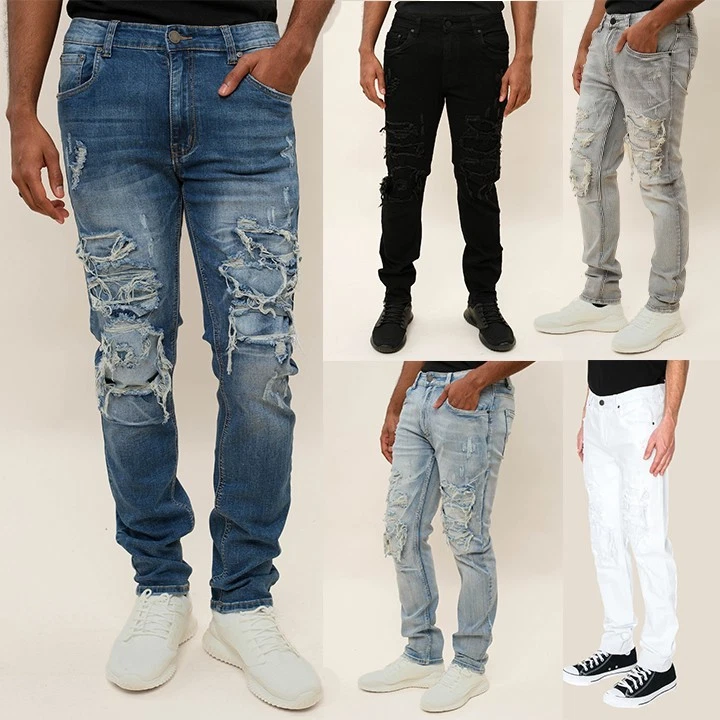 Victorious Men's Washed Distressed Faded Rip and Repair Denim Jeans DL1119EY