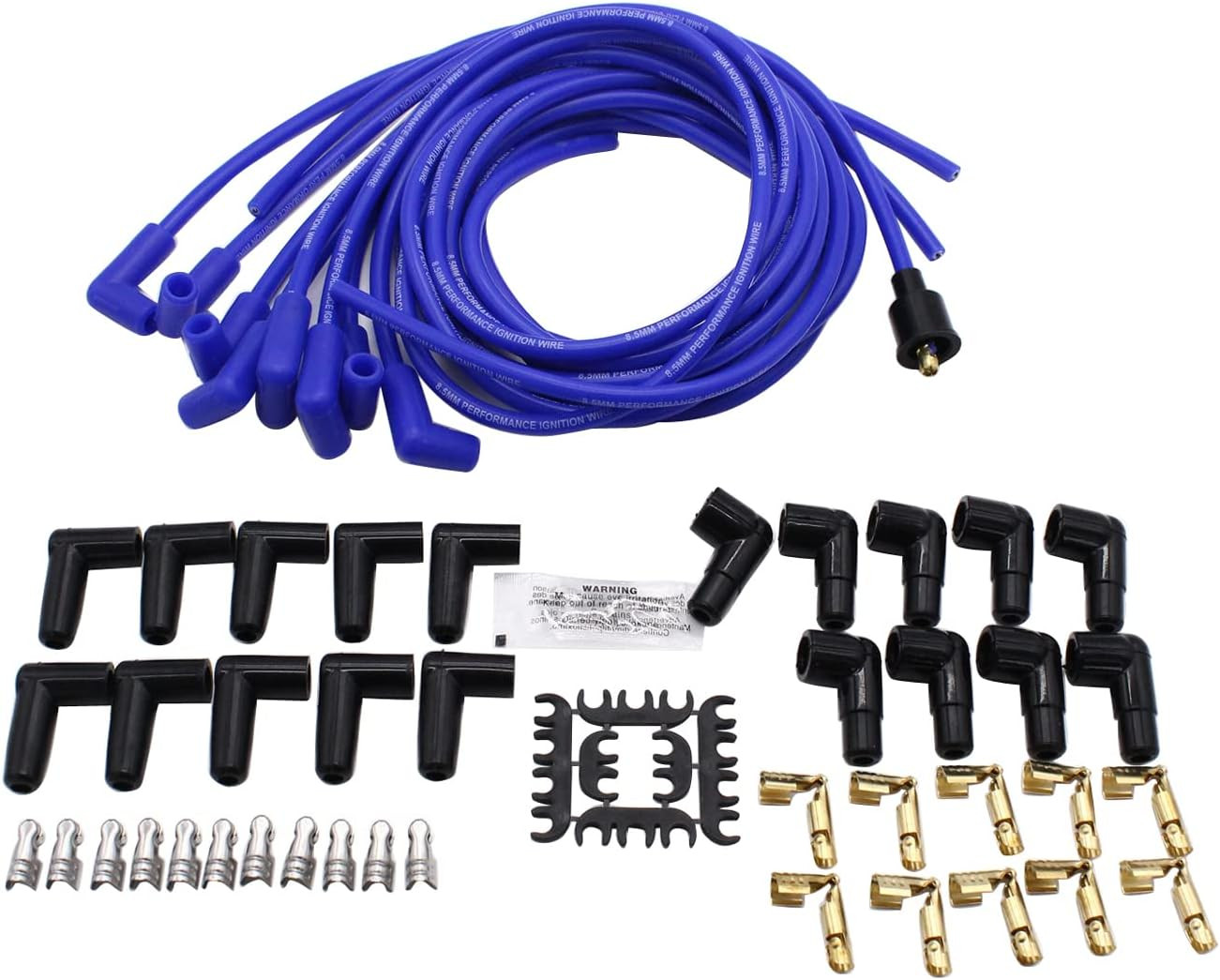 1 SET Blue Spark Plug Wires Spiral Core 8.5Mm 90 Degree Boots V8 W/Looms