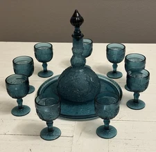 Vintage Tiara Sandwich Glass Bicentennial Blue Decanter Set w 9 glasses and tray