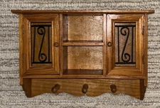 Vintage Country Wood Shelf Cabinet With 3 Peg Hooks Wire Doors 14x9.75x4