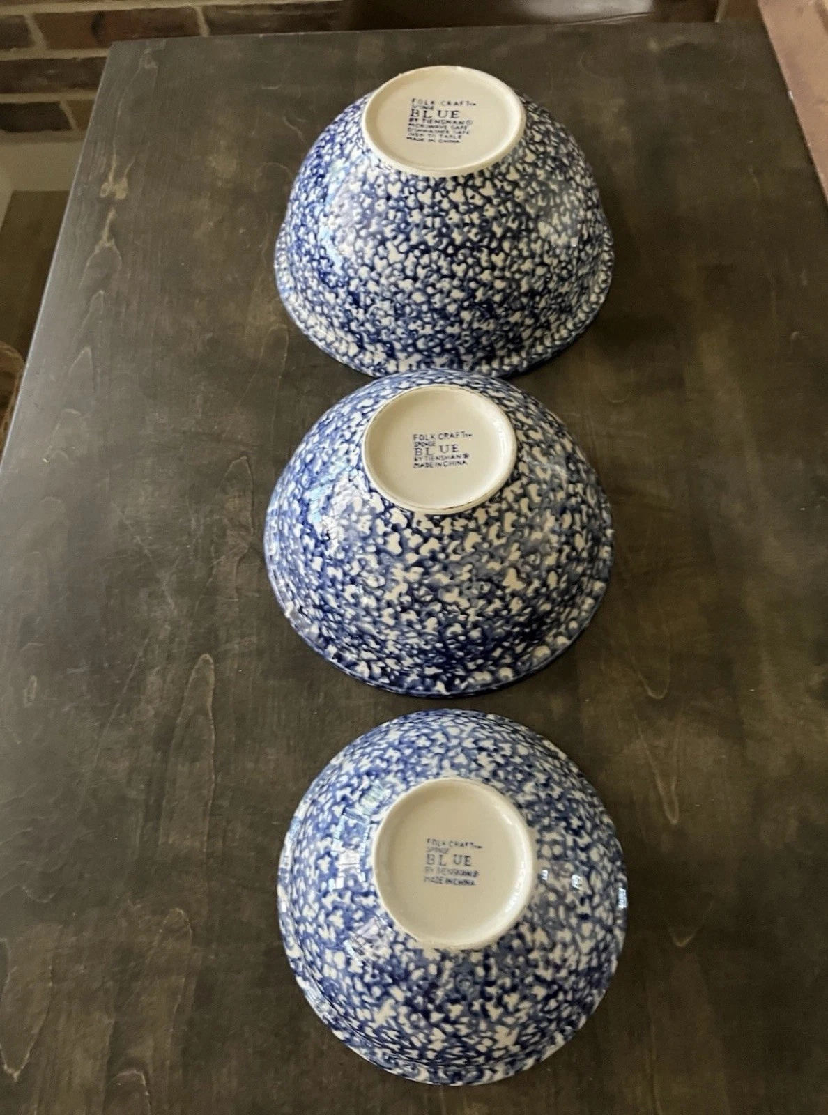 set of blue spongeware mixing bowls. These vintage