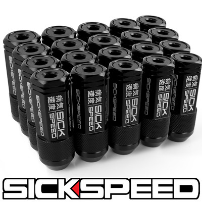 SICKSPEED 20 PC BLACK CAPPED ALUMINUM EXTENDED 50MM 3 PC LUG NUTS 14X1.5