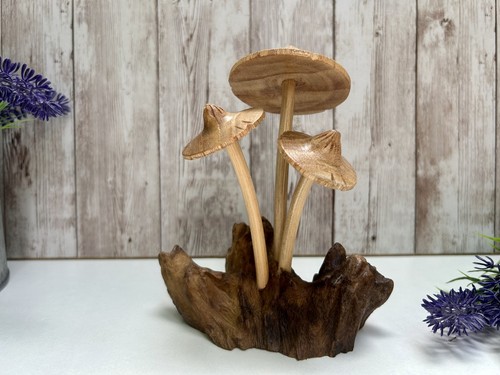 Wooden Parasol Mushroom Toadstool Sculpture Hand Carved Driftwood Root Ornament - Picture 2 of 7