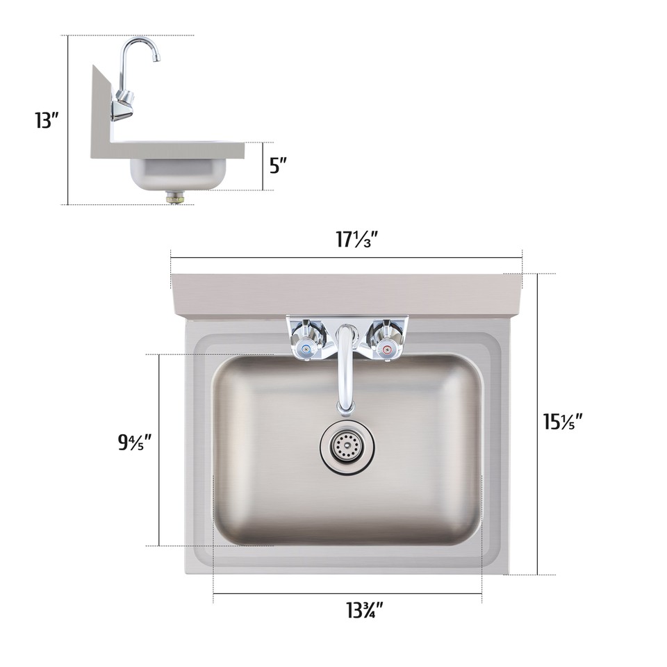 WILPREP 14in Wall Mount Hand Wash Sink Commercial Stainless Utility